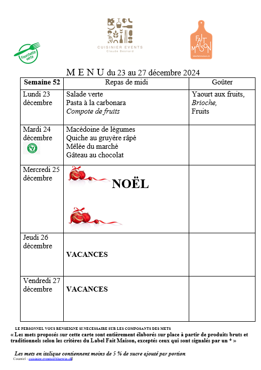 Menus semaine 52