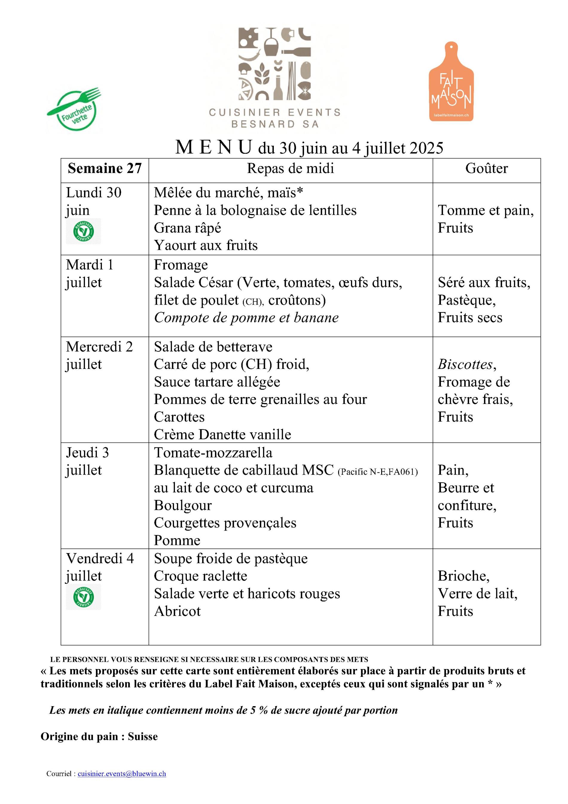 Menus semaine 27