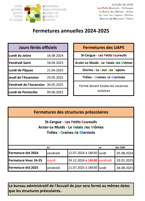 Fermetures annelles 2024-2025