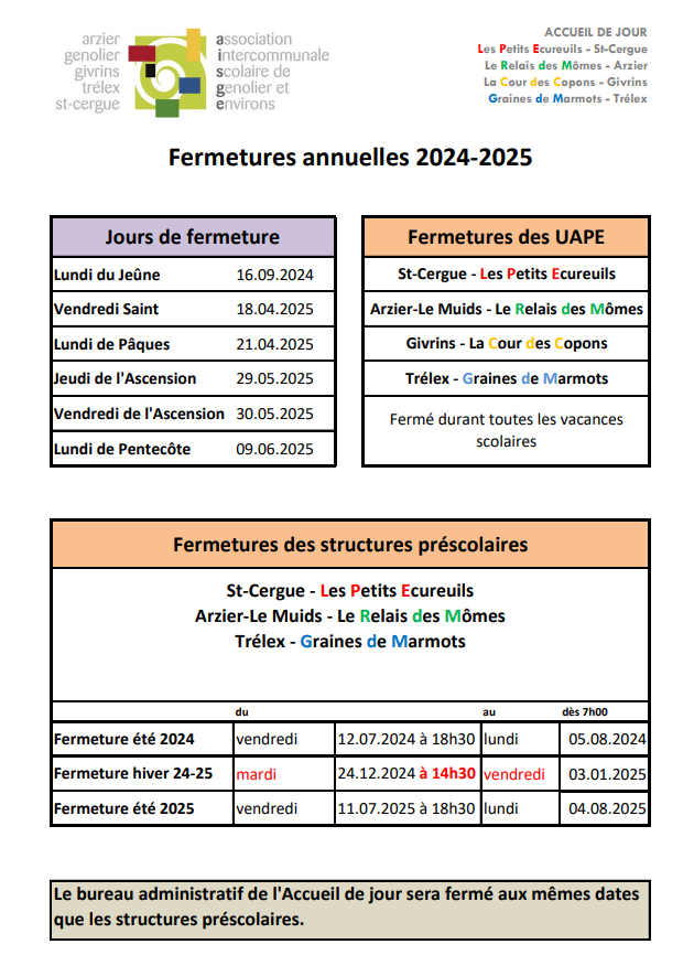 Fermetures annelles 2024-2025