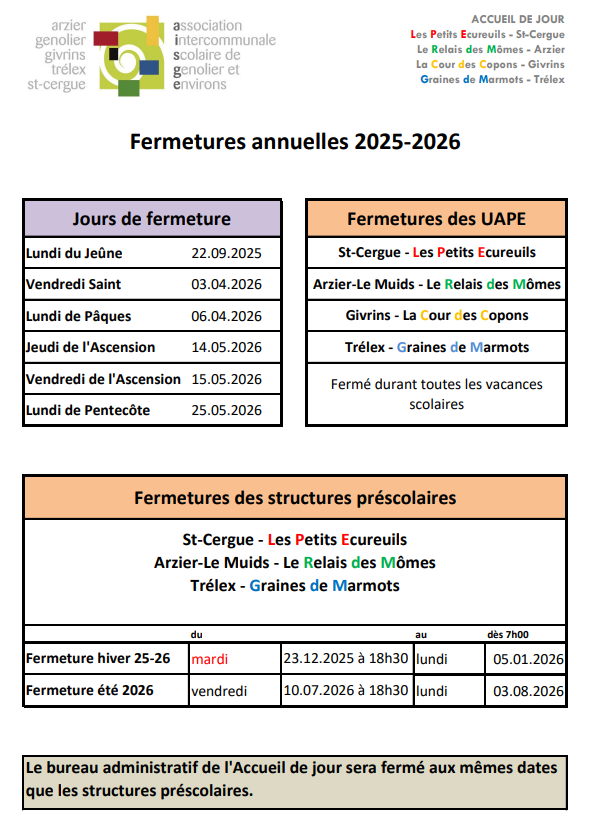 Fermetures annuelles 2025-2026