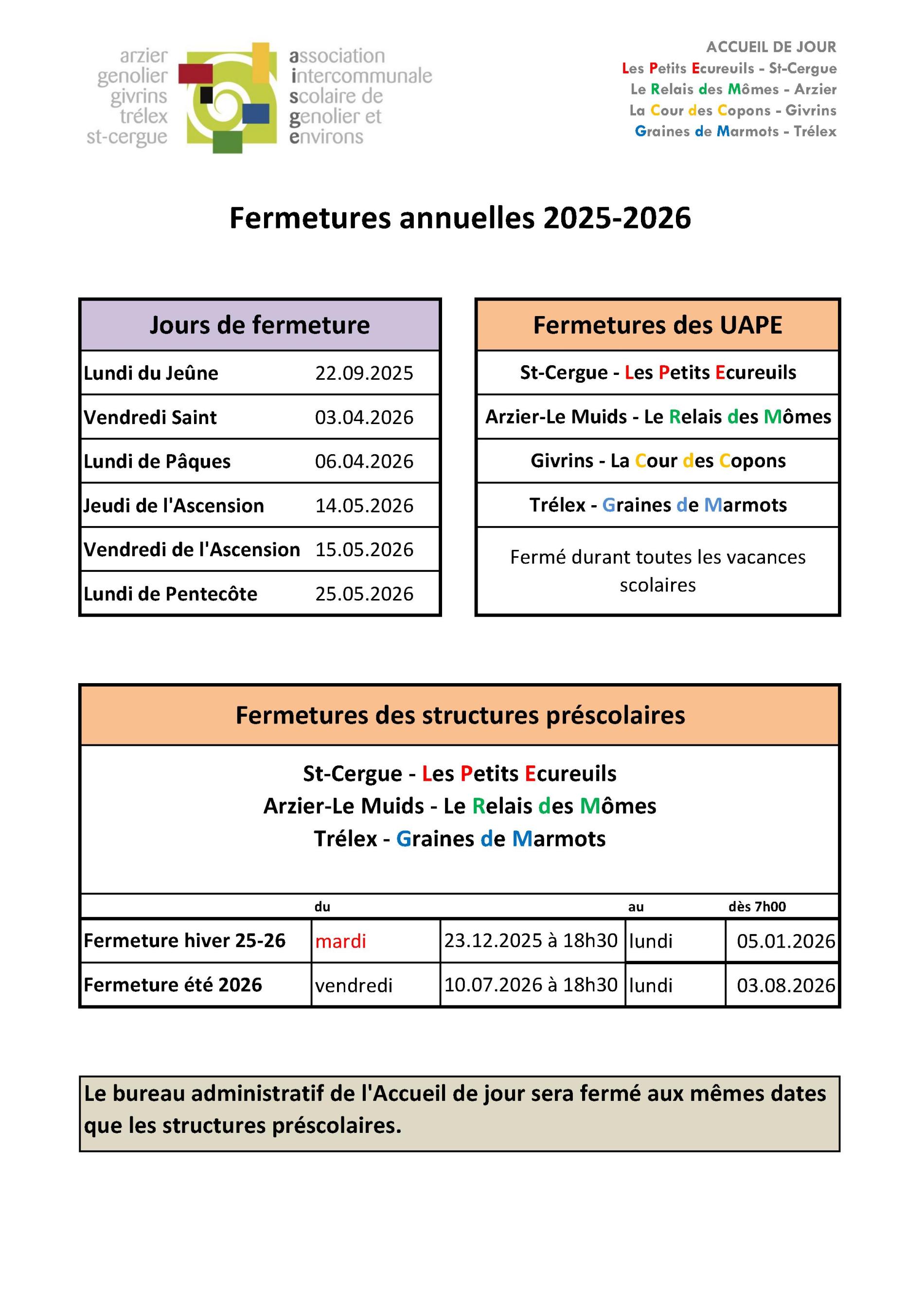 Fermetures annuelles 25-26
