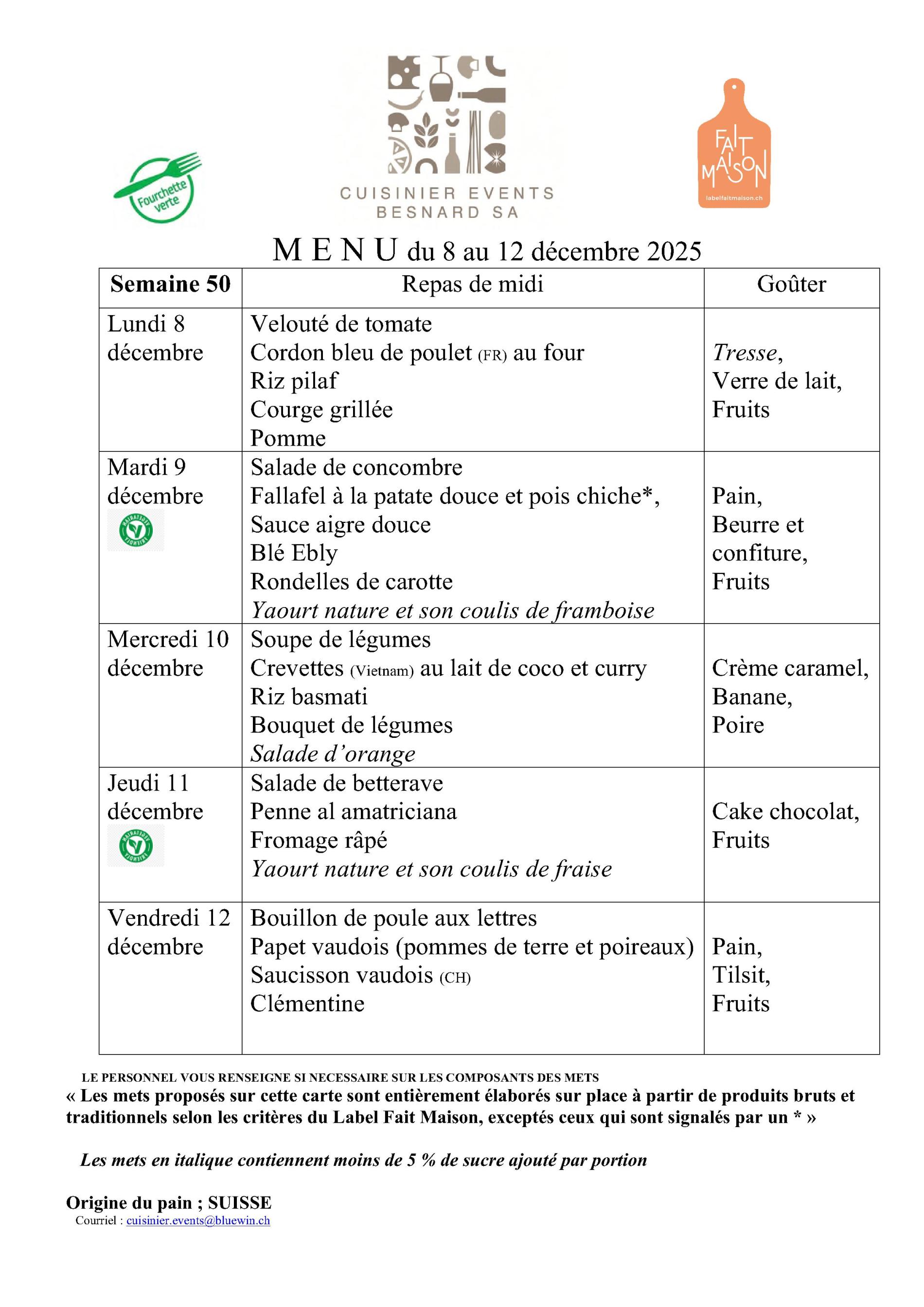 Menu semaine 50