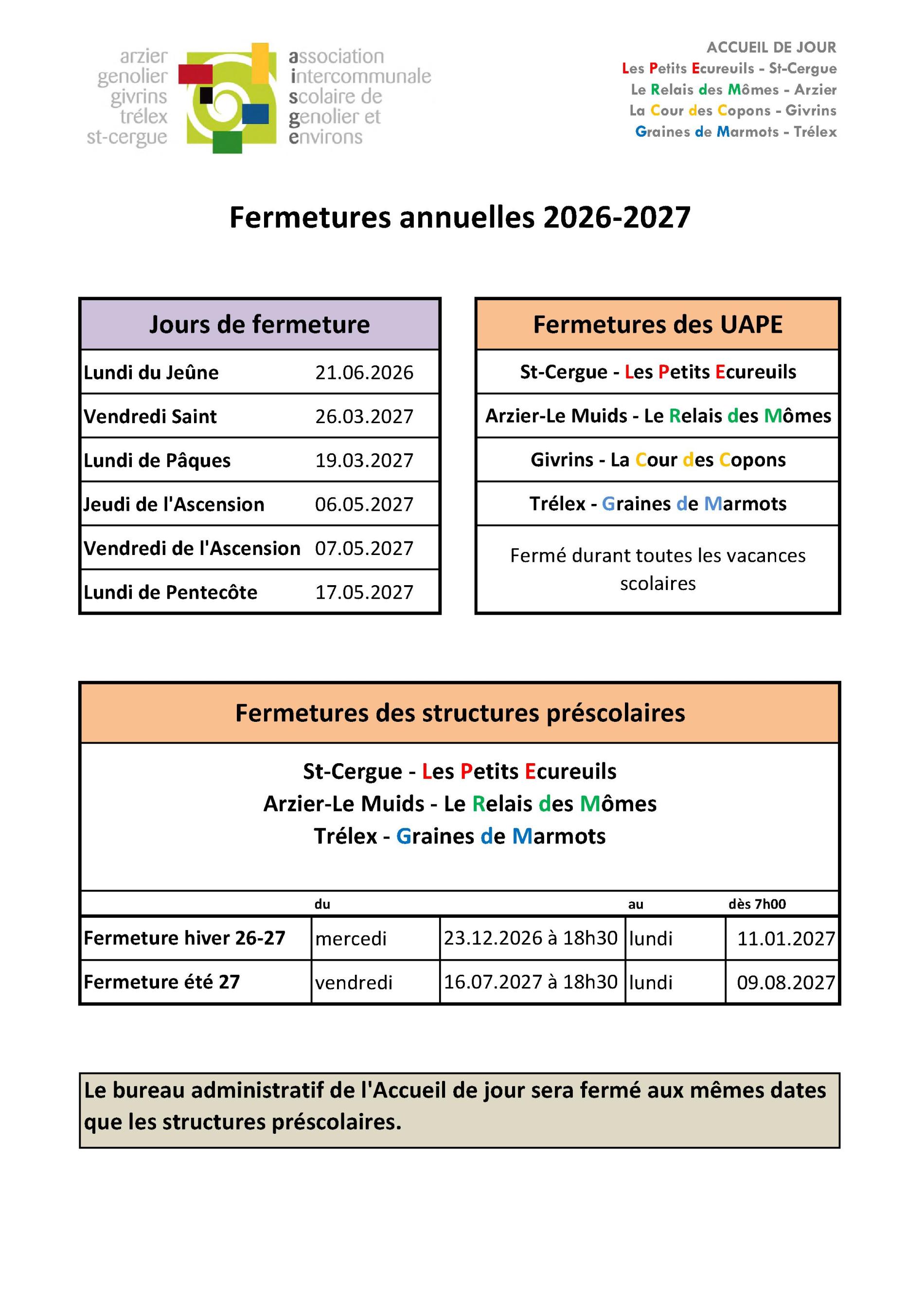 Fermeture annuelle 26-27